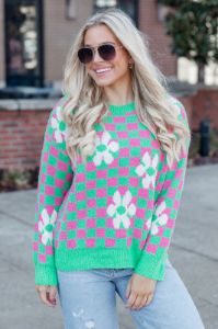 Groovy Girl Pink and Green Fuzzy Checkered Floral Sweater sold by Pink Lily