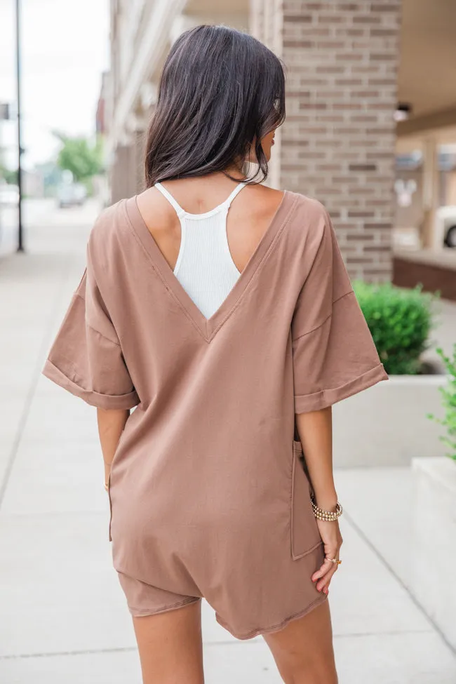 On A Daily Basis Brown Deep V-Neck Pocketed Romper sold by Pink Lily product image thumbnail 4