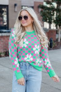 Groovy Girl Pink and Green Fuzzy Checkered Floral Sweater sold by Pink Lily