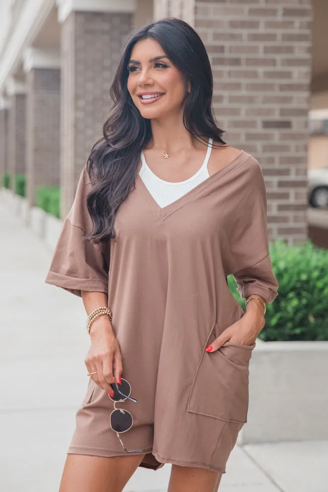 On A Daily Basis Brown Deep V-Neck Pocketed Romper sold by Pink Lily product image thumbnail 5