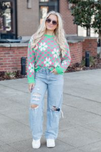 Groovy Girl Pink and Green Fuzzy Checkered Floral Sweater sold by Pink Lily