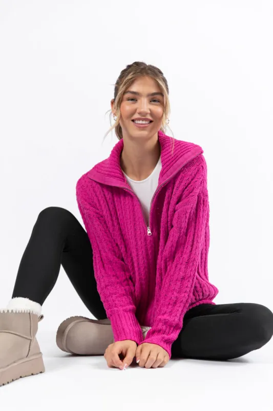 Forever Yours Magenta Cable Knit Chenille Quarter Zip Sweater SALE made by Pink Lily