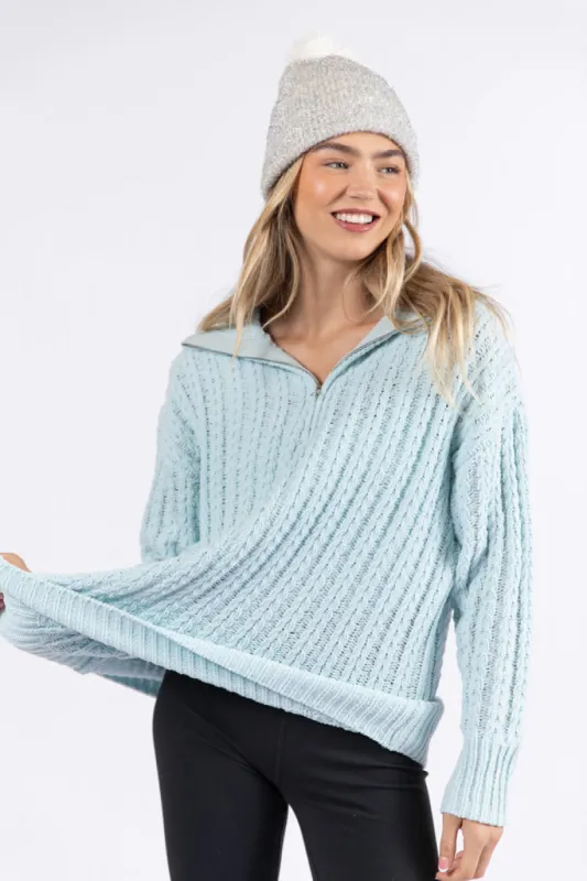 Forever Yours Blue Cable Knit Chenille Quarter Zip Sweater SALE sold by Pink Lily