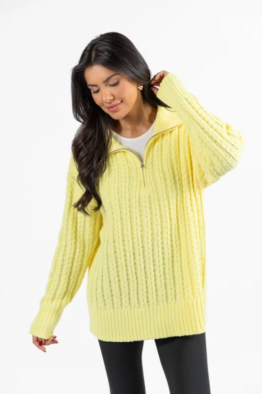 Forever Yours Yellow Cable Knit Chenille Quarter Zip Sweater FINAL SALE sold by Pink Lily