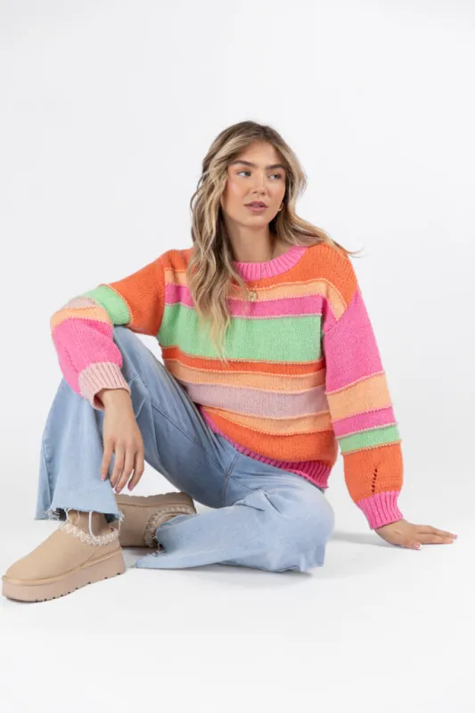 Led Me To You Bright Multi Stripe Crew Neck Sweater SALE sold by Pink Lily