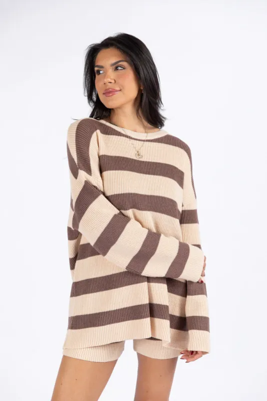 Sign Of The Times Brown and Tan Striped Sweater Set SALE made by Pink Lily