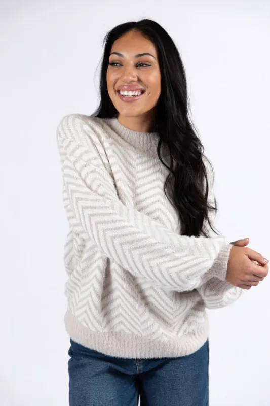 All That You Are Beige Fuzzy Herringbone Mock Neck Sweater SALE sold by Pink Lily