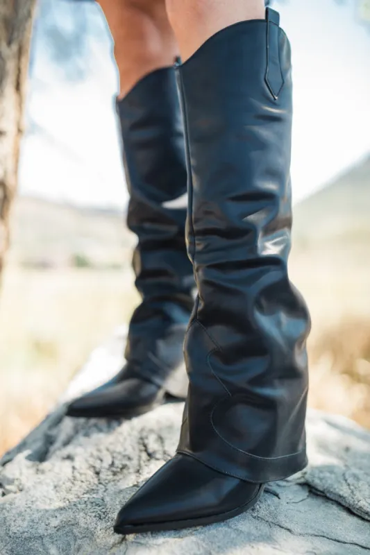Heather Black Leather Fold Over Boots FINAL SALE sold by Pink Lily