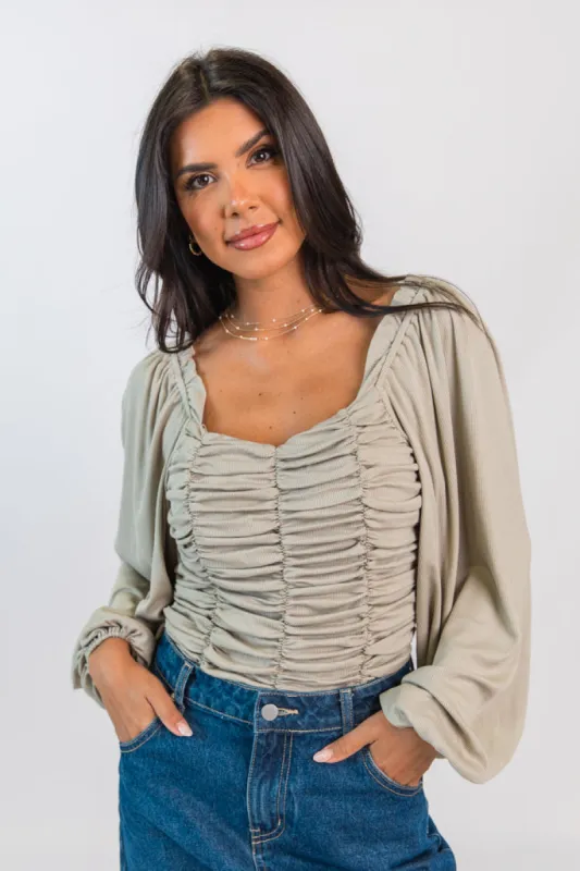 Show Me The Way Sage Ribbed Knit Ruched Balloon Sleeve Bodysuit  FINAL SALE sold by Pink Lily