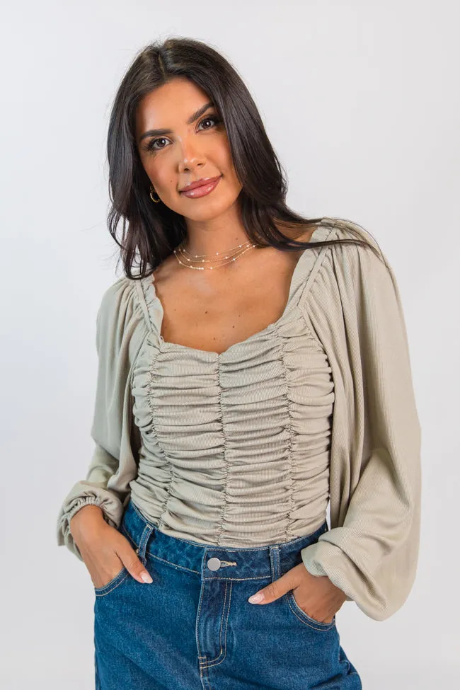 Show Me The Way Sage Ribbed Knit Ruched Balloon Sleeve Bodysuit FINAL SALE sold by Pink Lily