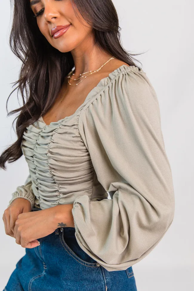 Show Me The Way Sage Ribbed Knit Ruched Balloon Sleeve Bodysuit FINAL SALE sold by Pink Lily product image thumbnail 3