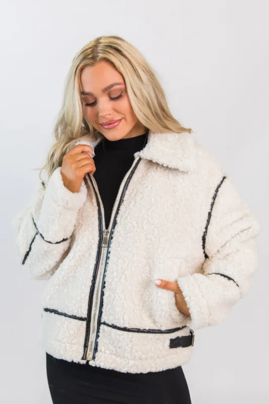 Under The Surface Cream and Black Sherpa Contrast Trim Jacket FINAL SALE sold by Pink Lily