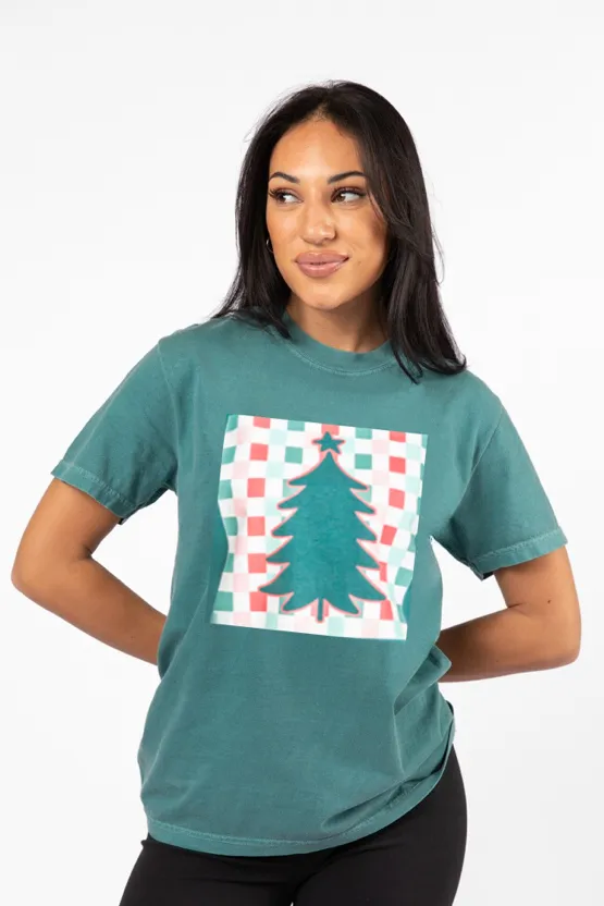 Checkered Christmas Tree Emerald Comfort Colors Graphic Tee DOORBUSTER sold by Pink Lily