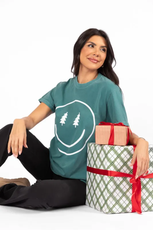 Smiley Face Christmas Tree Emerald Comfort Color Graphic Tee DOORBUSTER sold by Pink Lily