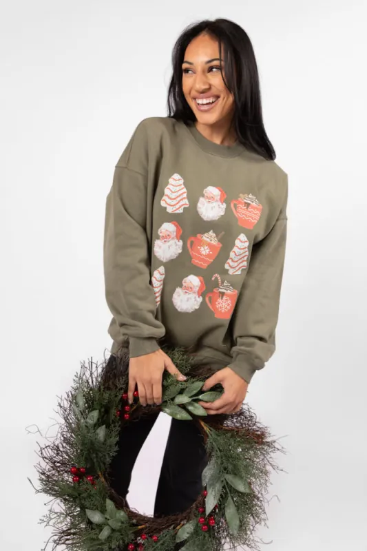 Santa Christmas Cakes Olive Oversized Graphic Sweatshirt DOORBUSTER sold by Pink Lily