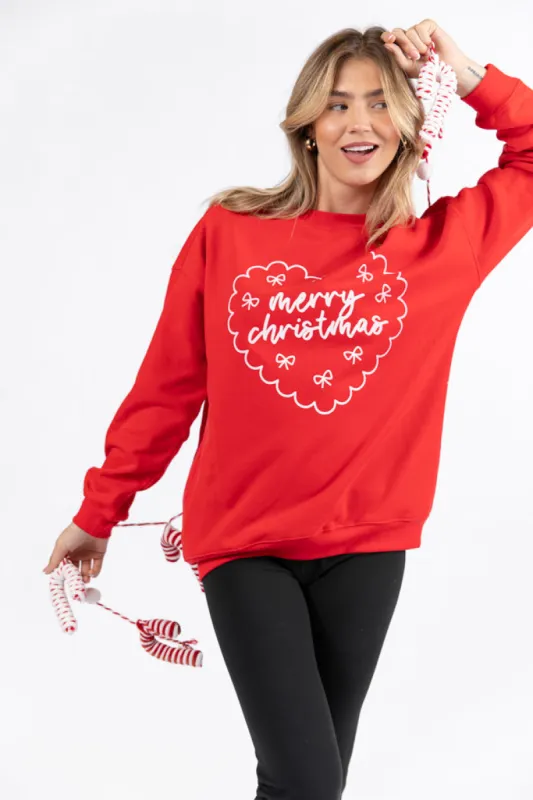 Merry Christmas Heart Red Oversized Graphic Sweatshirt DOORBUSTER sold by Pink Lily