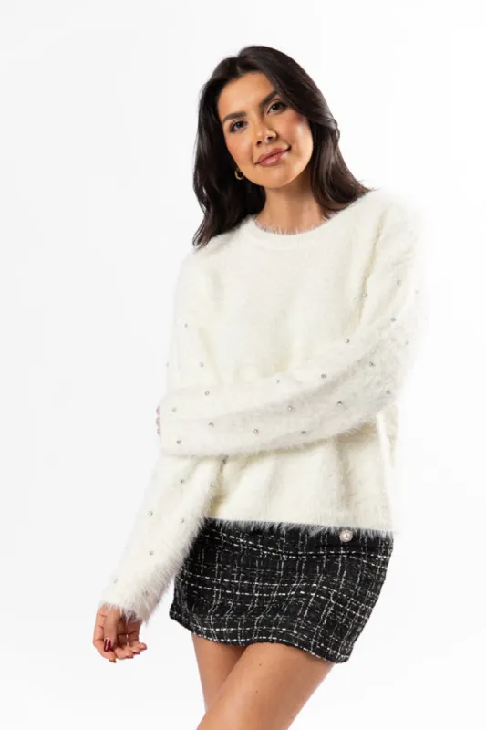 All That Glitters Rhinestone Sleeve Ivory Fuzzy Sweater FINAL SALE made by Pink Lily