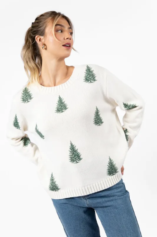 One Pine Gal Ivory And Green Christmas Tree Print Sweater FINAL SALE sold by Pink Lily