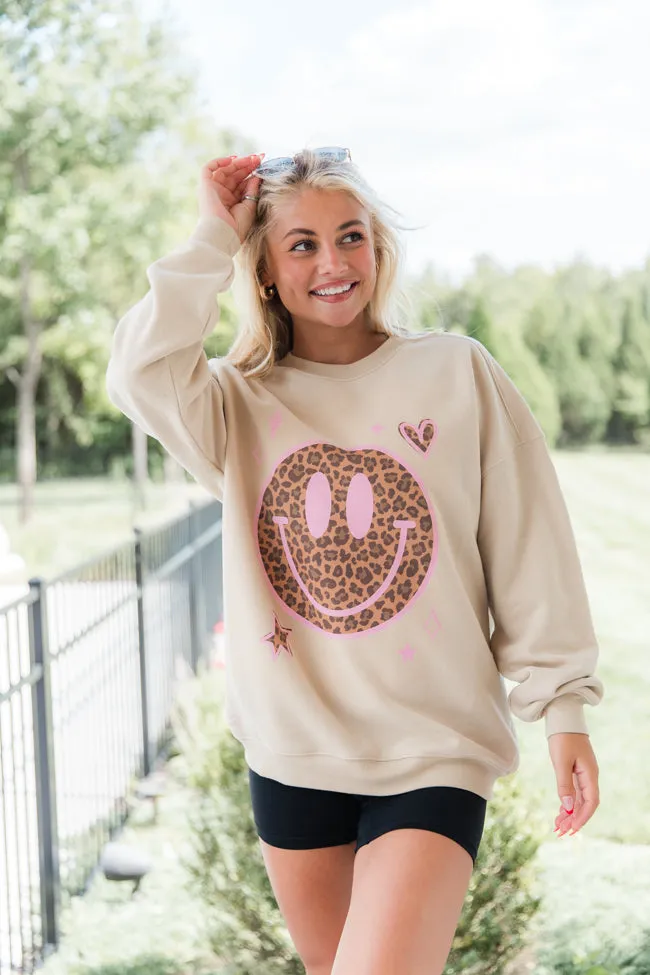 Leopard Smiley Face Cream Graphic Sweatshirt sold by Pink Lily