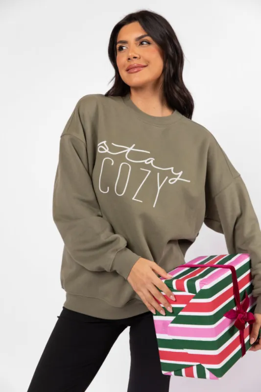 Stay Cozy Olive Oversized Graphic Sweatshirt sold by Pink Lily