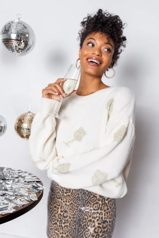 Pop The Bubbly Glitter Wine Glass Embroidered Cream Sweater FINAL SALE sold by Pink Lily