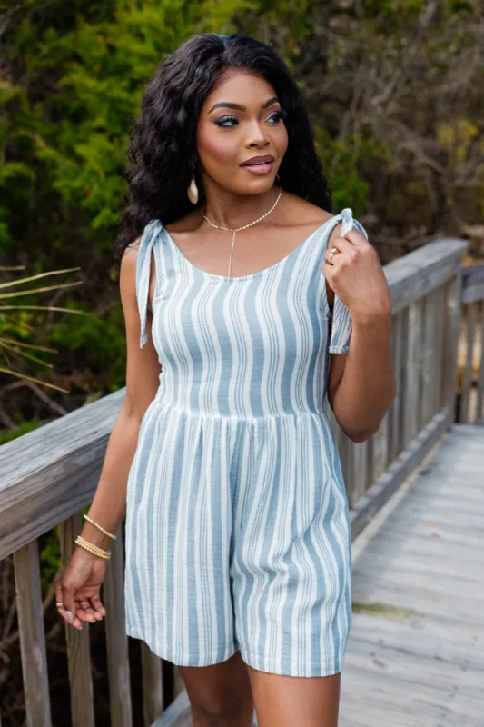 Big Ambitions Blue Striped Tie Strap Romper FINAL SALE sold by Pink Lily