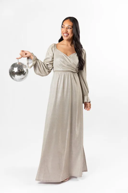 Holiday Magic Silver Shimmer Rouched Maxi Dress FINAL SALE sold by Pink Lily
