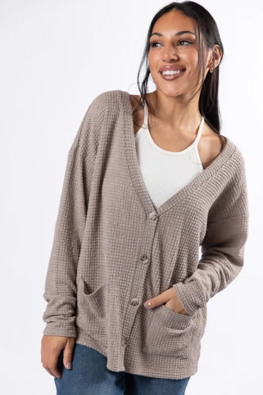 Sounds Like Me Taupe Waffle Knit Cardigan FINAL SALE sold by Pink Lily