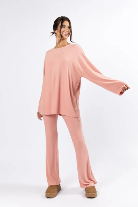 The Perfect Coral Brushed Rib Flare Pants Set SALE sold by Pink Lily
