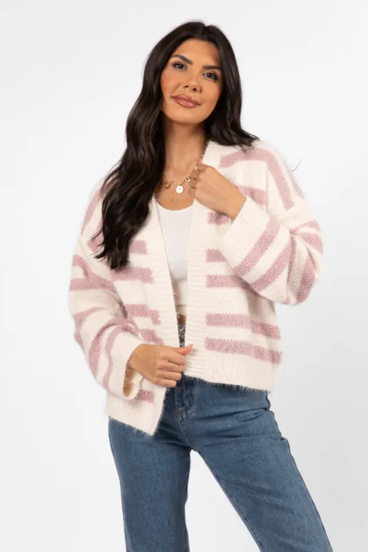 Made My Change Mauve and Cream Fuzzy Striped Cardigan SALE sold by Pink Lily