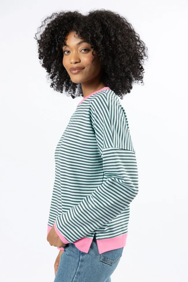 Think On It Pink, Navy, and Charcoal Striped Contrast Trim Pullover FINAL SALE sold by Pink Lily product image thumbnail 4