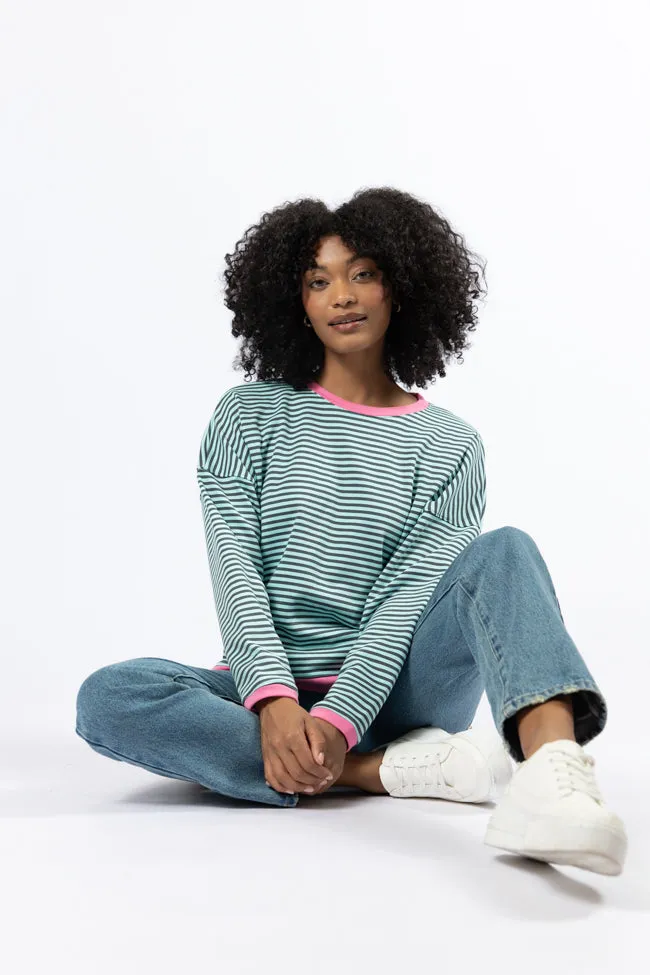 Think On It Pink, Navy, and Charcoal Striped Contrast Trim Pullover FINAL SALE sold by Pink Lily product image thumbnail 2