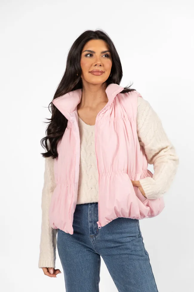 Mountain High Light Pink Ruched Puffer Vest FINAL SALE sold by Pink Lily