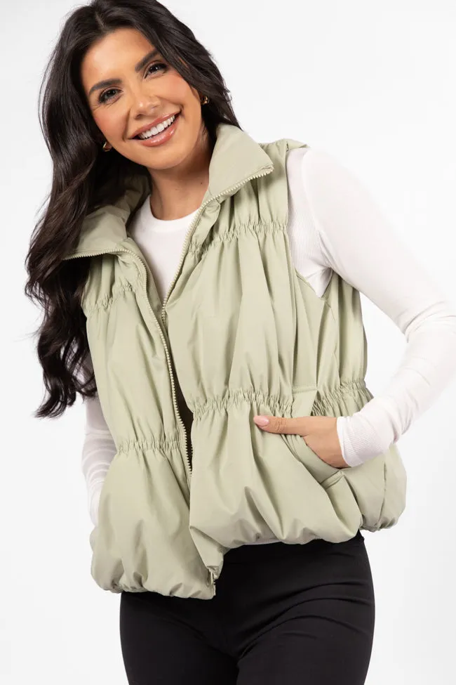 Mountain High Sage Ruched Puffer Vest FINAL SALE sold by Pink Lily