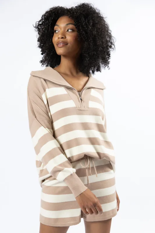 Pulling Heartstrings Taupe And Cream Striped Quarter Zip Pullover FINAL SALE sold by Pink Lily