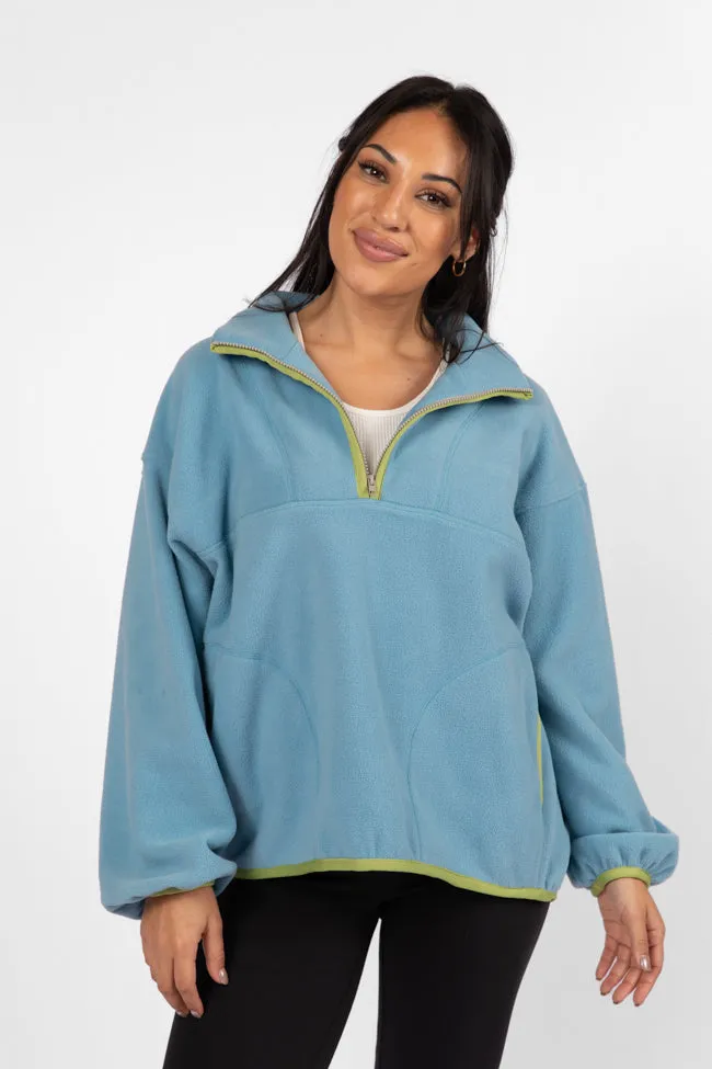 Outside The Box Blue Contrast Trim Fleece Pullover FINAL SALE sold by Pink Lily