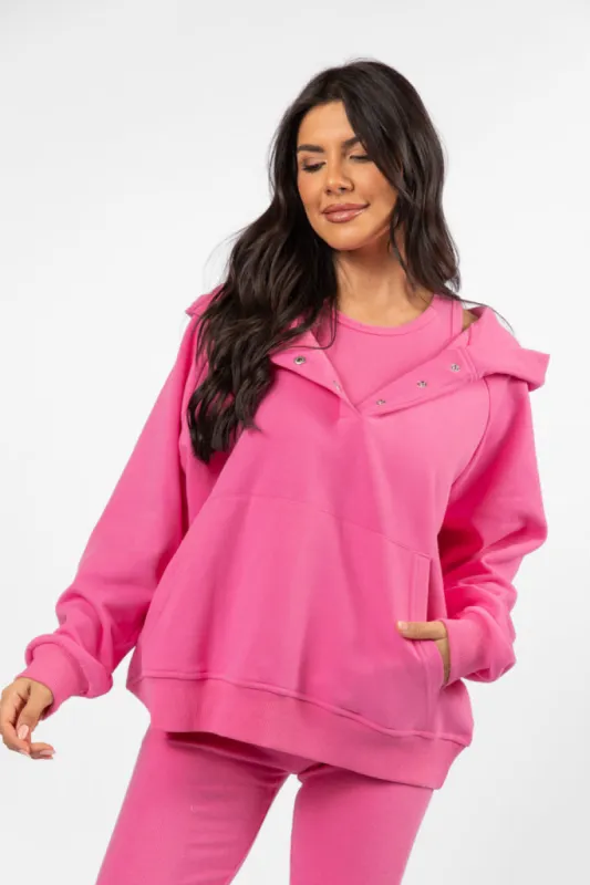 Outta Sight Pink Button Detail Hooded Pullover FINAL SALE sold by Pink Lily