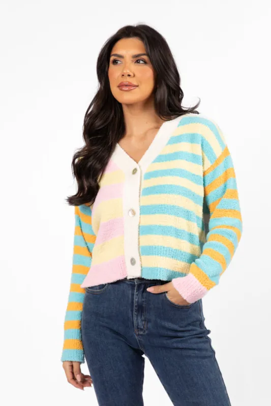 Check It Out Yellow, Blue, and Pink Fuzzy Cardigan sold by Pink Lily