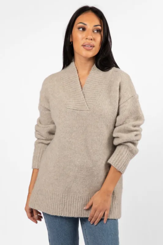 Relax Oatmeal Slouchy V-Neck Sweater FINAL SALE sold by Pink Lily