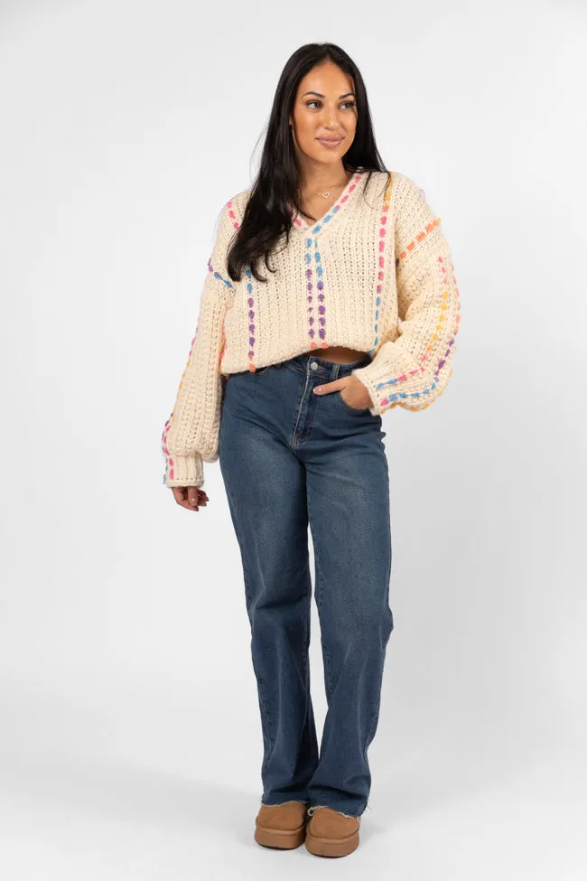 Day We Met Cream Multi Color Stitched Detail V-Neck Sweater FINAL SALE sold by Pink Lily product image thumbnail 2