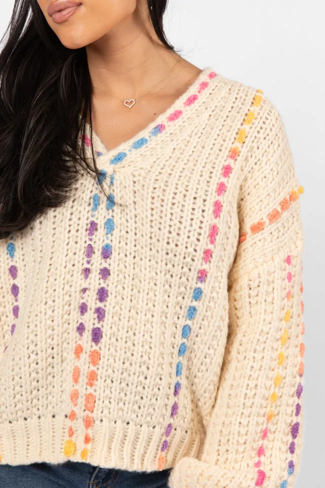 Day We Met Cream Multi Color Stitched Detail V-Neck Sweater FINAL SALE sold by Pink Lily product image thumbnail 4
