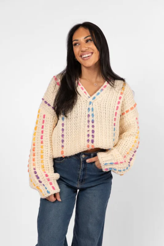 Day We Met Cream Multi Color Stitched Detail V-Neck Sweater FINAL SALE sold by Pink Lily