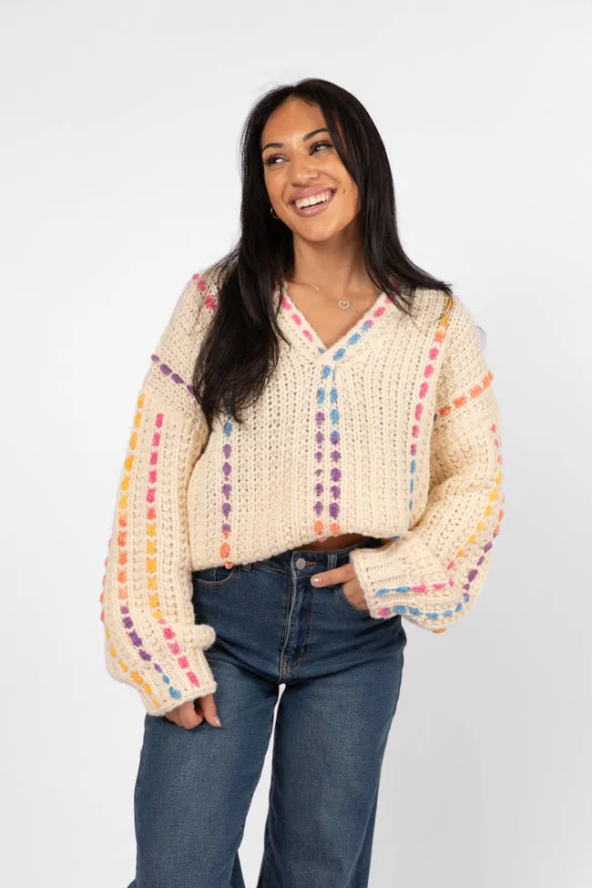 Day We Met Cream Multi Color Stitched Detail V-Neck Sweater FINAL SALE sold by Pink Lily