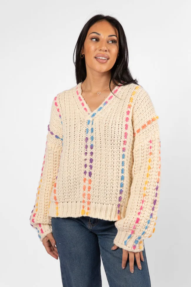 Day We Met Cream Multi Color Stitched Detail V-Neck Sweater FINAL SALE sold by Pink Lily product image thumbnail 3