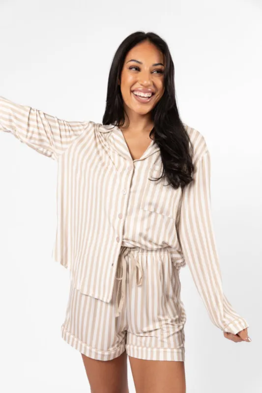 Good To Get Away Neutral Stripe Long Sleeve Pajama Top FINAL SALE sold by Pink Lily