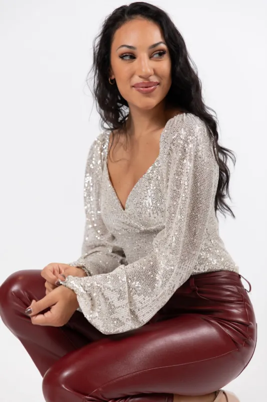 Holiday Toast Champagne Puff Sleeve Sequin Bodysuit FINAL SALE sold by Pink Lily