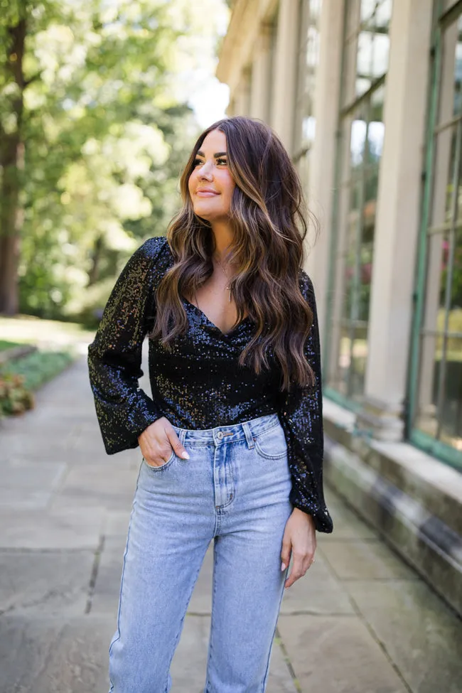 Holiday Toast Black Puff Sleeve Sequin Bodysuit FINAL SALE sold by Pink Lily