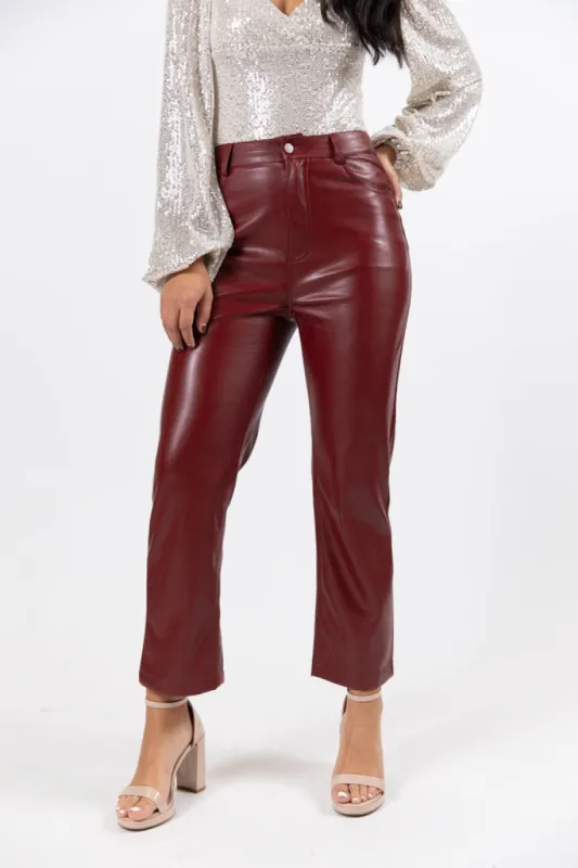 Memorable Nights Burgundy Wide Leg Faux Leather Pants SALE sold by Pink Lily