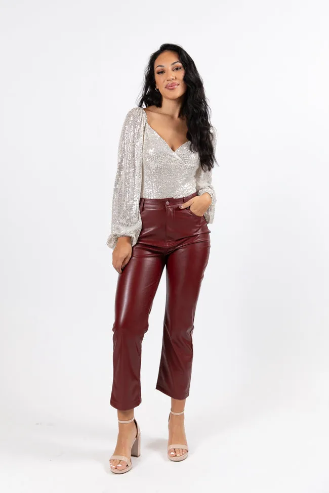 Memorable Nights Burgundy Wide Leg Faux Leather Pants SALE sold by Pink Lily product image thumbnail 2