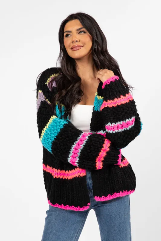 In The Middle Black Multi Chunky Knit Stripe Cardigan sold by Pink Lily